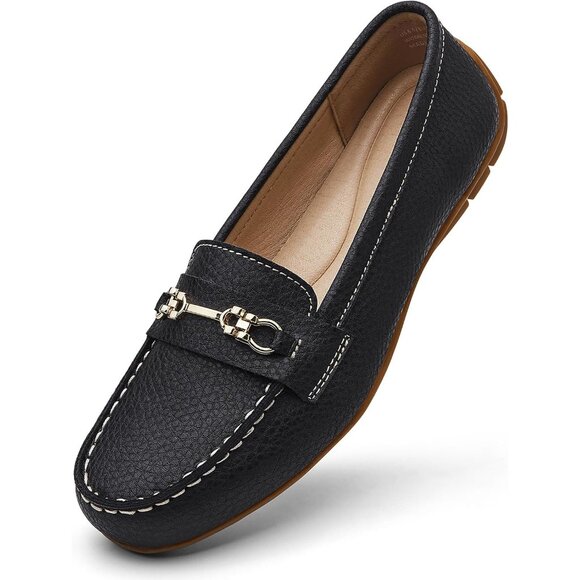 Kordal Women's Black Leather Gold Accent Buckle Slip-Ons Walking Flats Loafers - Picture 1 of 9